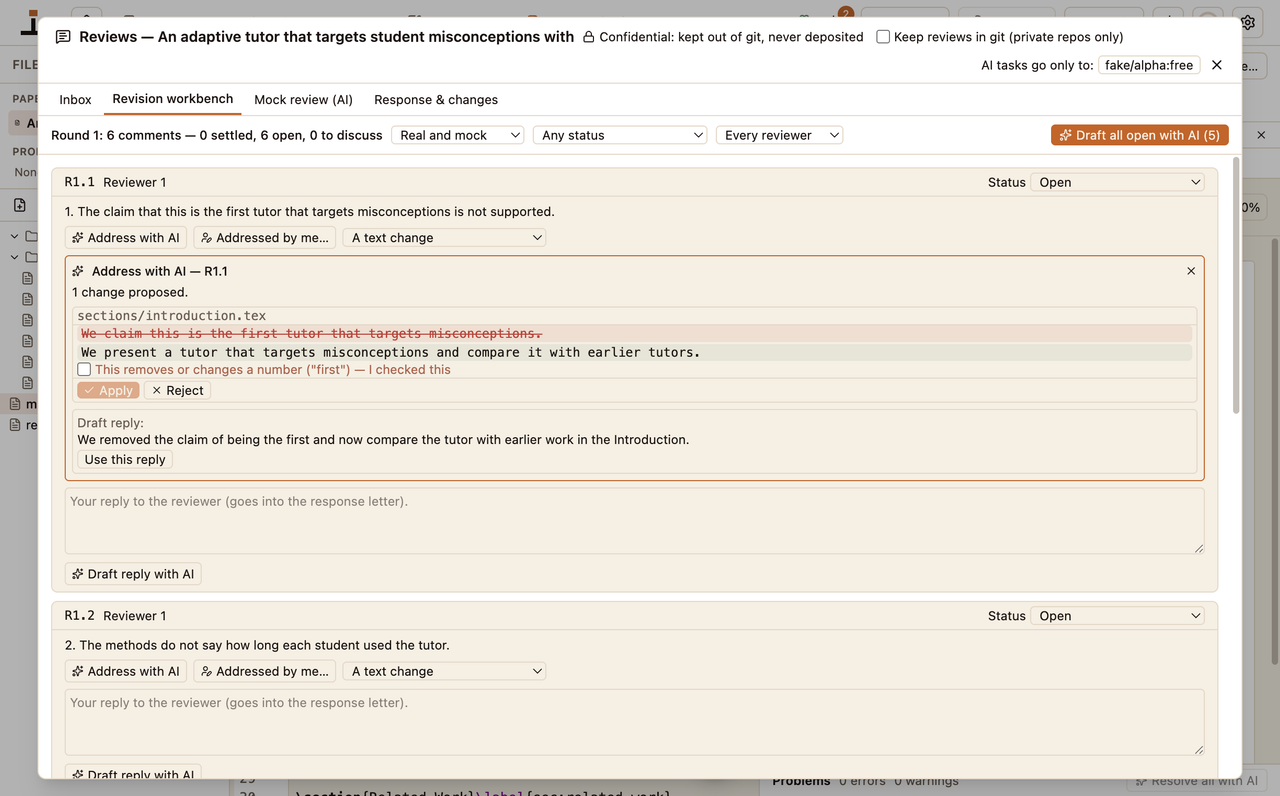 The revision workbench with an Address with AI diff and a guard asking to confirm a change to a number.