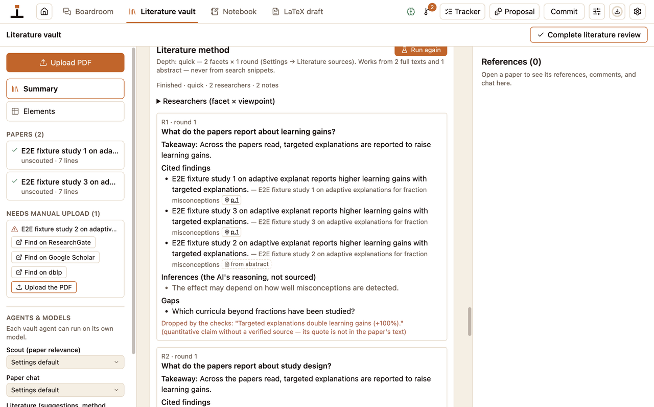 The literature method showing cited findings with page anchors, inferences kept separate, and a claim dropped by the checks.